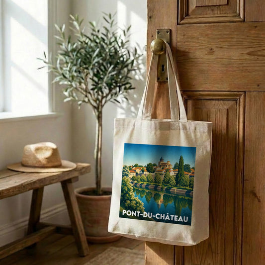 Tote bag souvenir de la ville de Pont-du-Château avec une illustration stylisée.