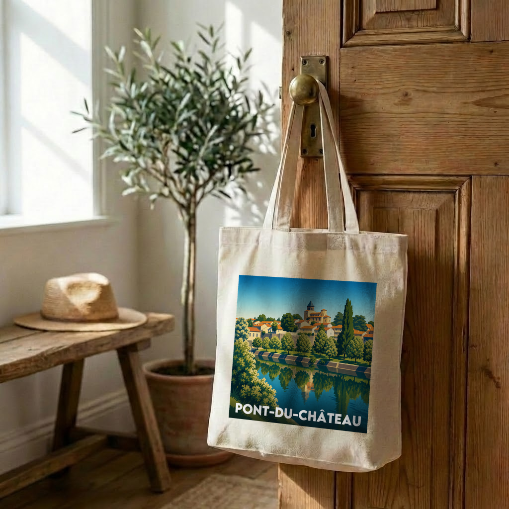 Tote bag souvenir de la ville de Pont-du-Château avec une illustration stylisée.