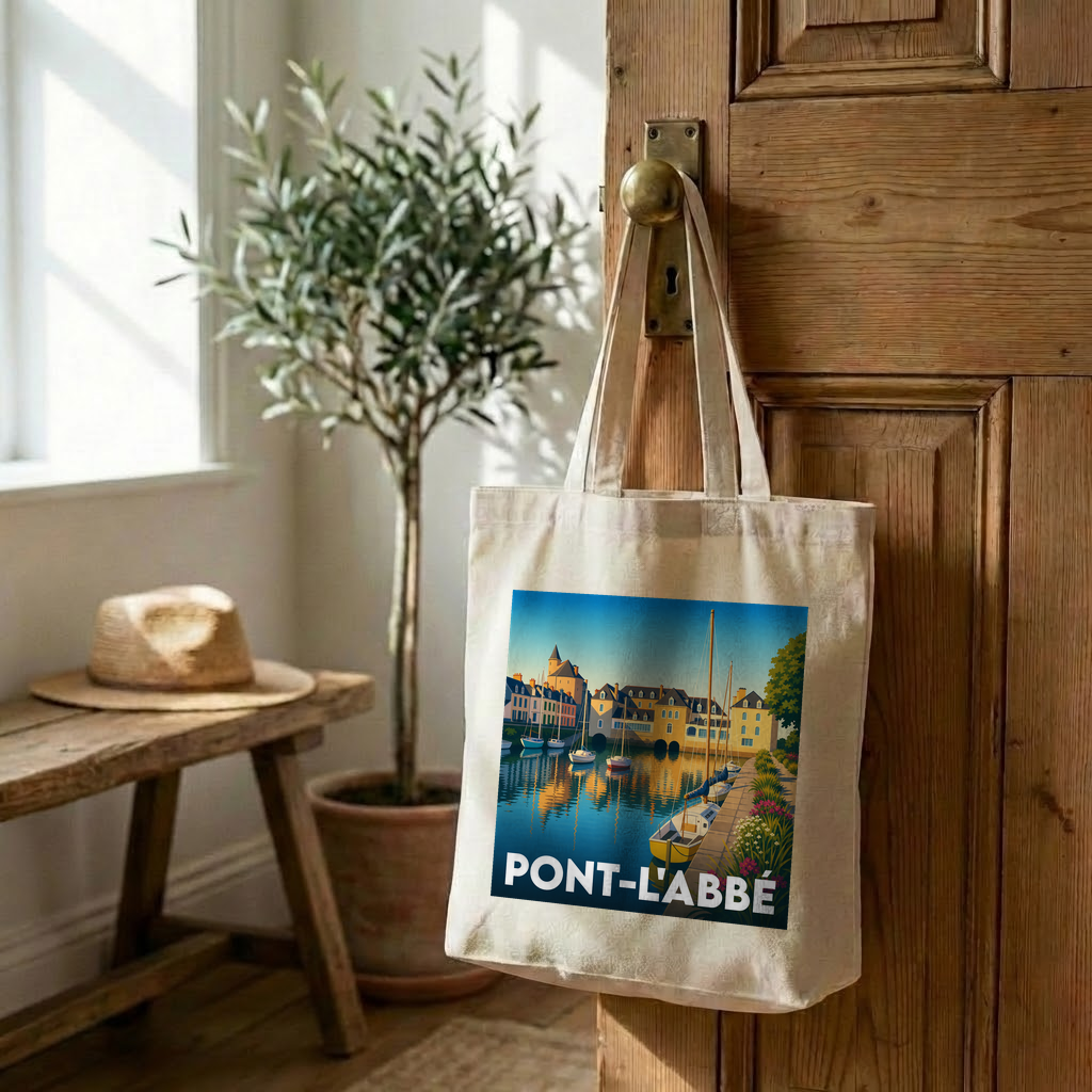 Tote bag souvenir de la ville de Pont-l'Abbé avec une illustration stylisée.
