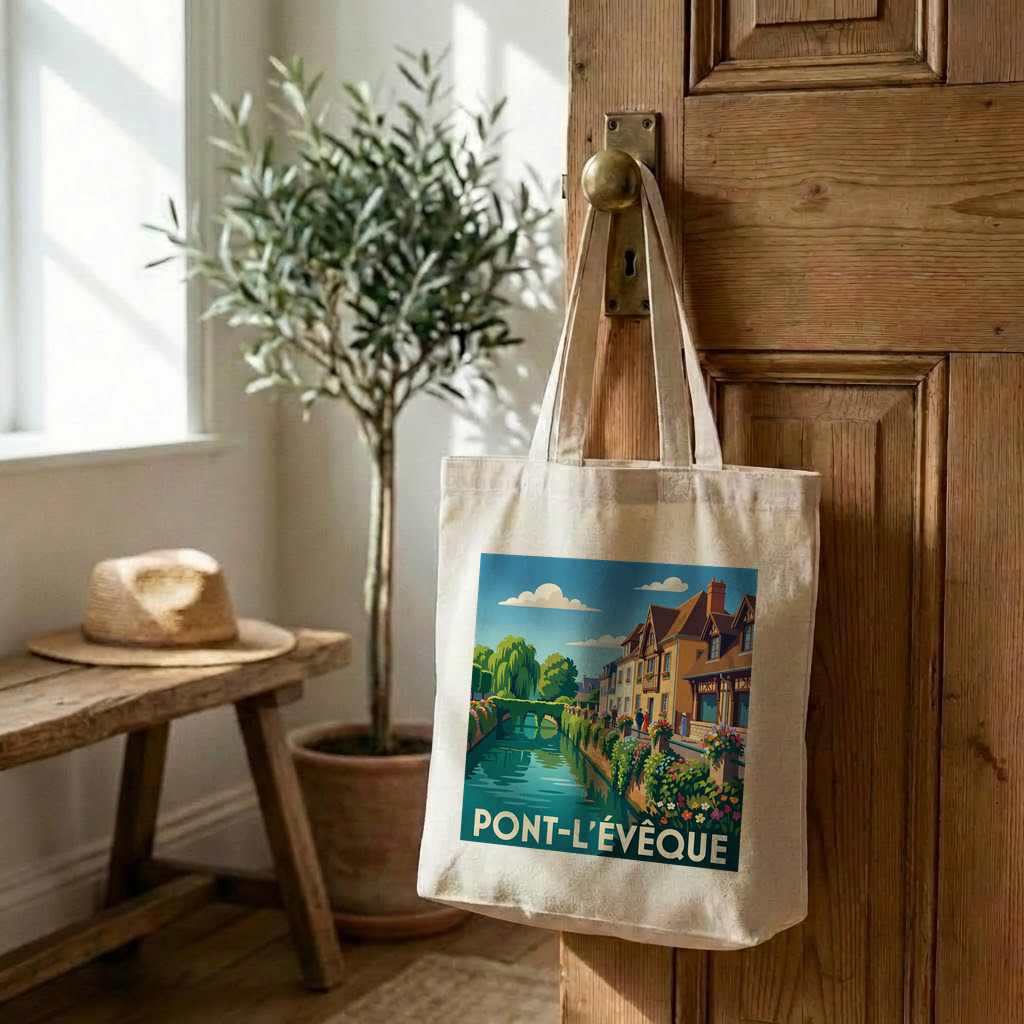 Tote bag souvenir de la ville de Pont-l'Évêque avec une illustration stylisée.
