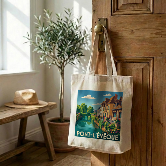 Tote bag souvenir de la ville de Pont-l'Évêque avec une illustration stylisée.