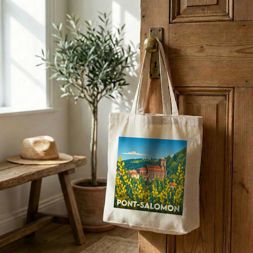 Tote bag souvenir de la ville de Pont-Salomon illustré d'un paysage coloré.