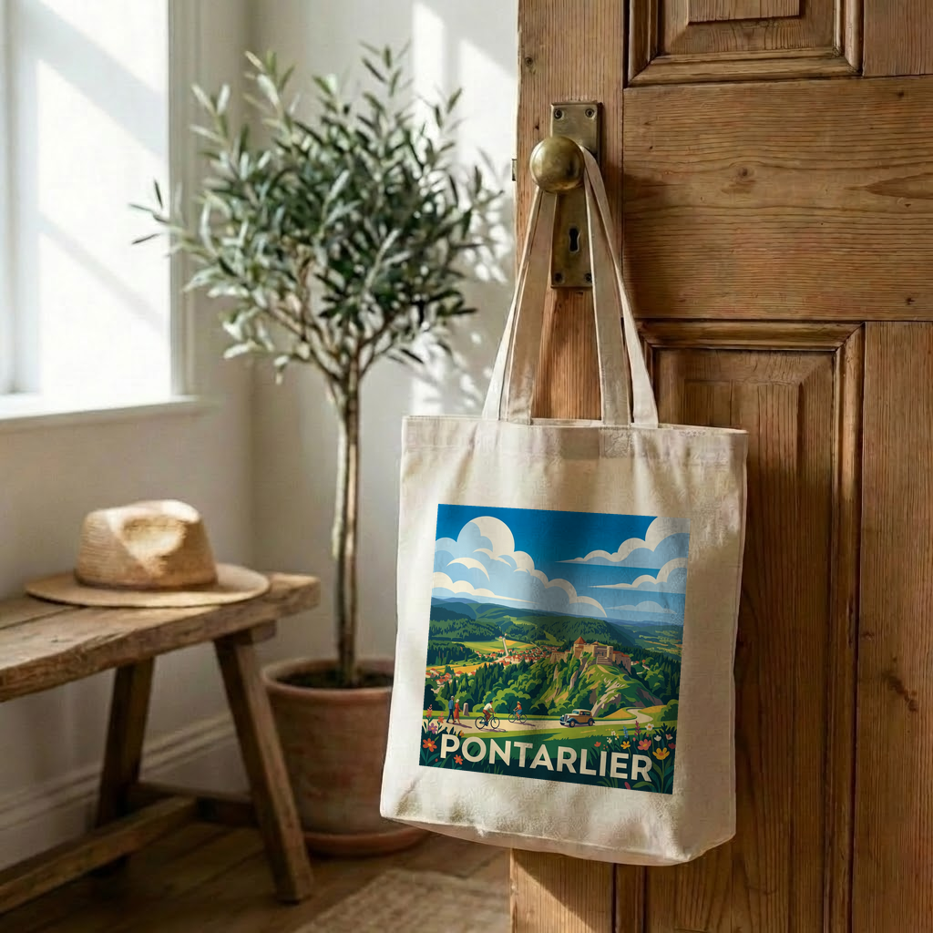 Tote bag souvenir de la ville de Pontarlier avec une illustration stylisée de paysages.