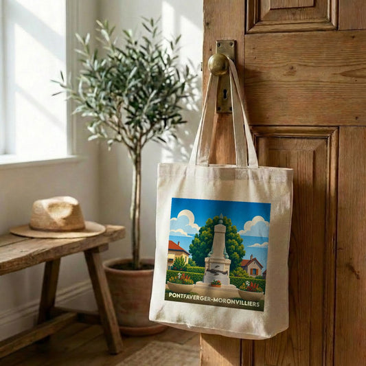 Tote bag souvenir de la ville de Pontfaverger-Moronvilliers avec une illustration stylisée.