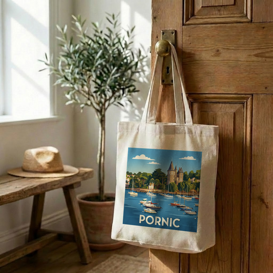 Tote bag souvenir de la ville de Pornic avec une illustration stylisée.