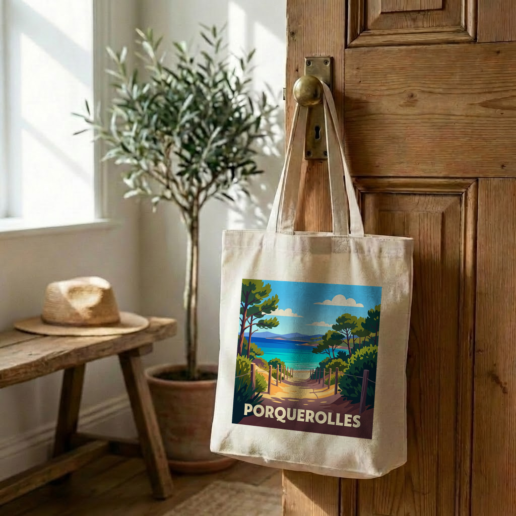 Tote bag souvenir de la ville de Porquerolles avec une illustration stylisée de bord de mer.