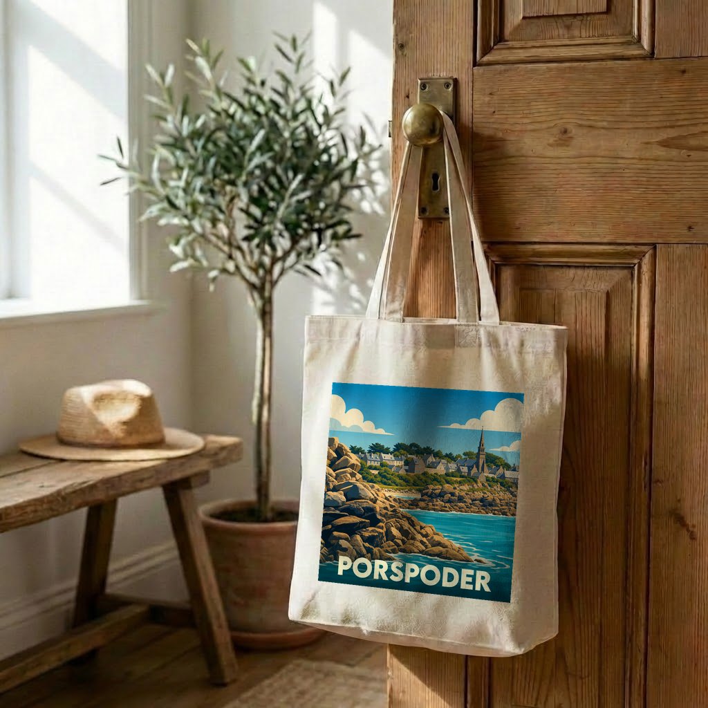 Tote bag souvenir de la ville de Porspoder avec une illustration stylisée de son paysage côtier.