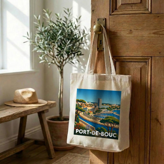 Tote bag souvenir de la ville de Port-de-Bouc avec une illustration colorée et stylisée.