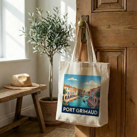 Tote bag souvenir de la ville de Port Grimaud avec une illustration stylisée.