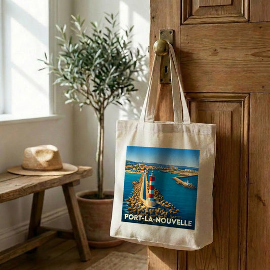 Tote bag souvenir de la ville de Port-la-Nouvelle avec une illustration stylisée de son phare.