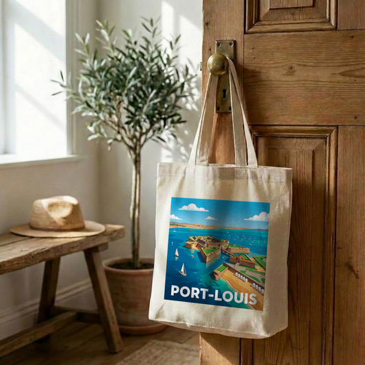 Tote bag souvenir de la ville de Port-Louis avec une illustration stylisée.