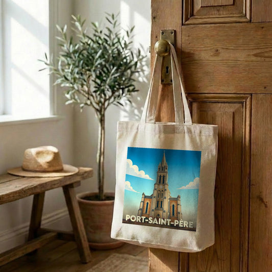 Tote bag souvenir de la ville de Port-Saint-Père avec une illustration stylisée de son église.