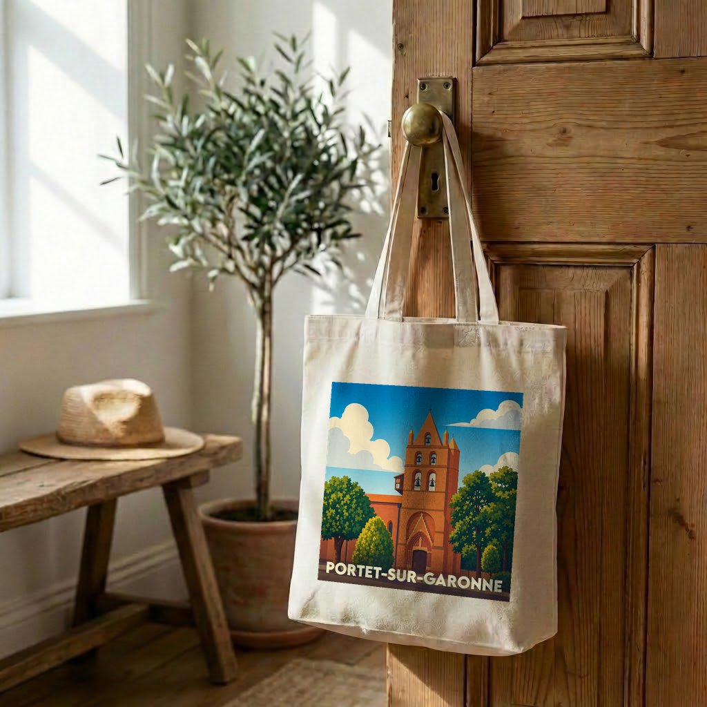 Tote bag souvenir de la ville de Portet-sur-Garonne avec une illustration stylisée.
