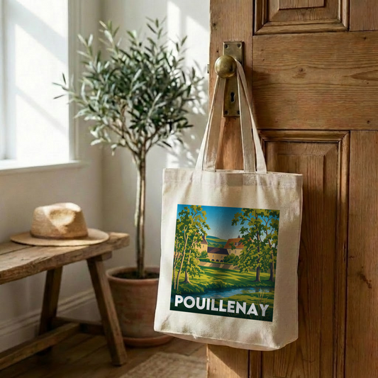 Tote bag souvenir de la ville de Pouillenay avec une illustration stylisée.