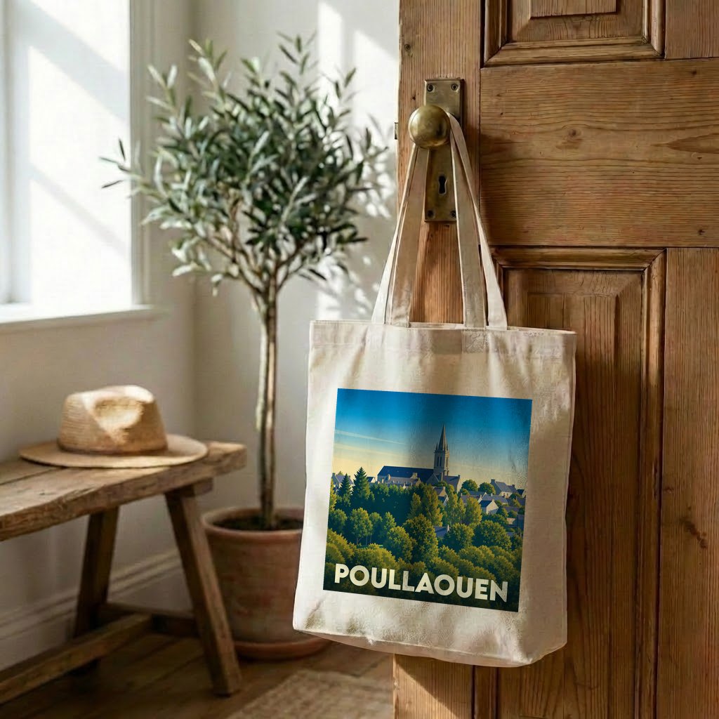 Tote bag souvenir de la ville de Poullaouen avec une illustration stylisée.
