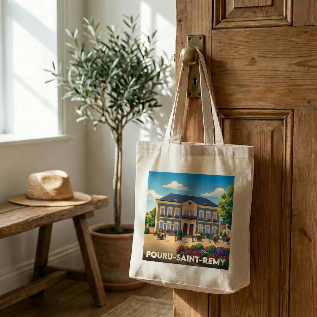 Tote bag souvenir de la ville de Pouru-Saint-Remy avec une illustration stylisée.