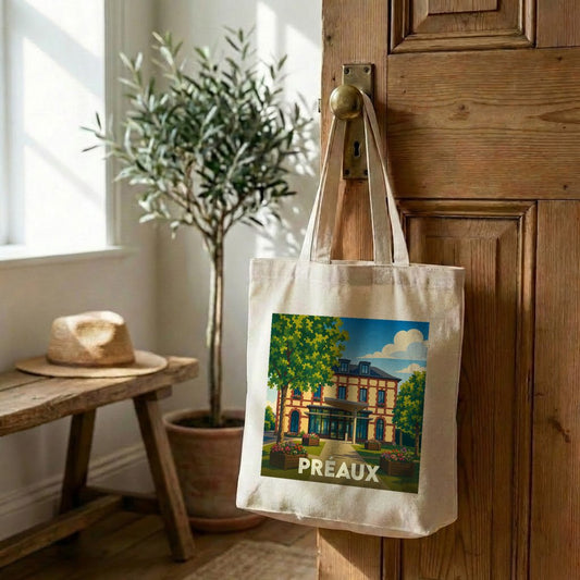 Tote bag souvenir de la ville de Préaux avec une illustration stylisée.