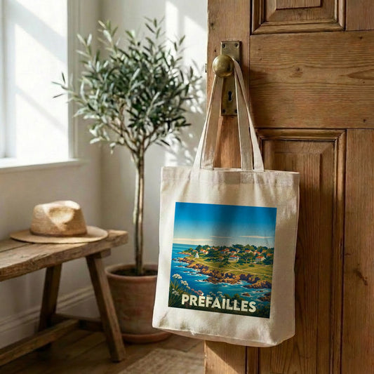 Tote bag souvenir de la ville de Préfailles avec une illustration stylisée du littoral.