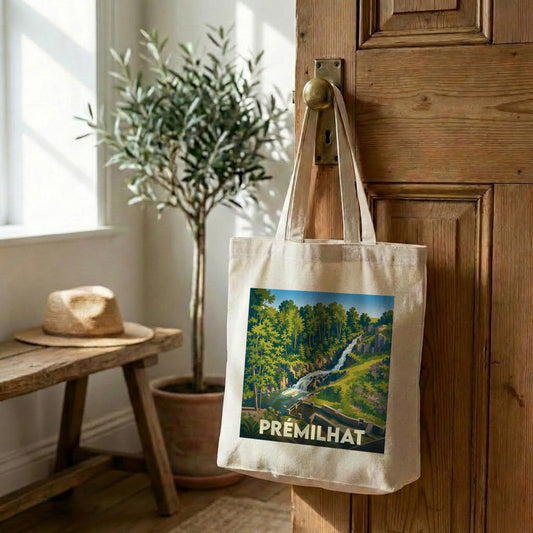 Tote bag souvenir de la ville de Prémilhat illustré d'un paysage de nature stylisé.