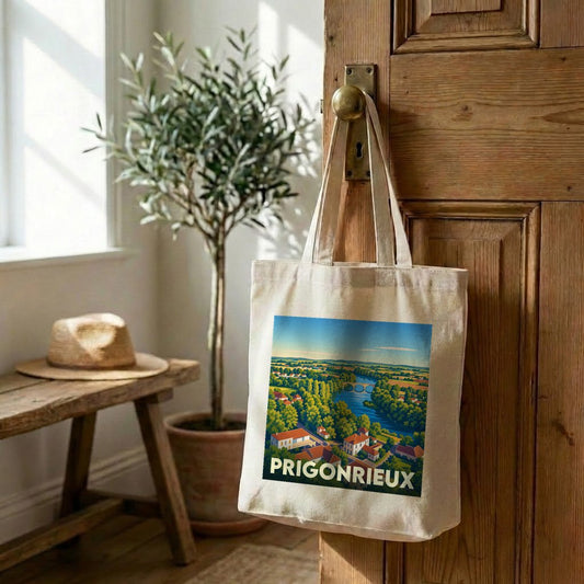 Tote bag souvenir de la ville de Prigonrieux avec une illustration paysagère stylisée.