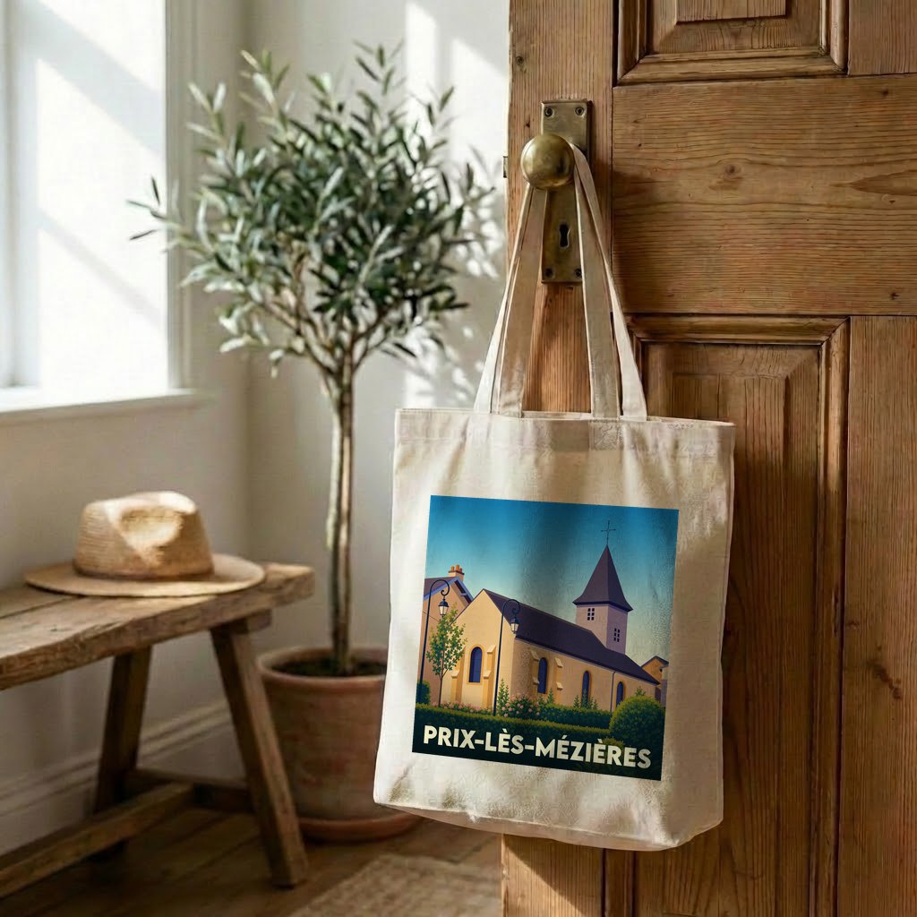 Tote bag souvenir de la ville de Prix-lès-Mézières avec une illustration stylisée.