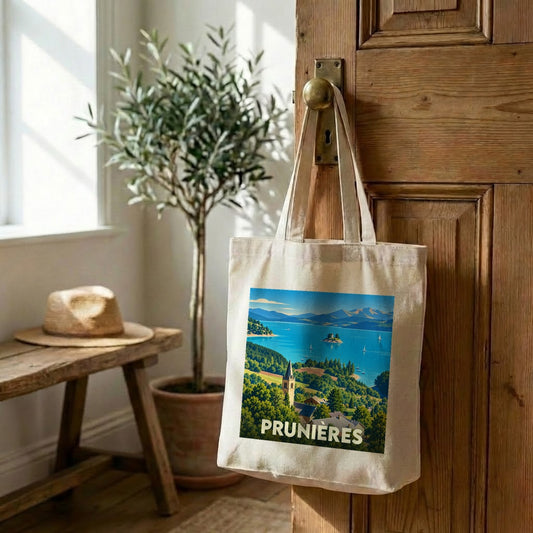 Tote bag souvenir de la ville de Prunières avec une illustration stylisée d'un paysage de montagne et de lac.