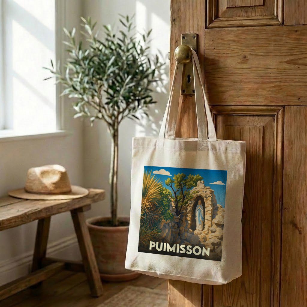 Tote bag souvenir de la ville de Puimisson avec une illustration stylisée d'une statue dans une grotte.