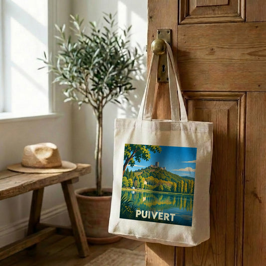 Tote bag souvenir de la ville de Puivert avec une illustration stylisée.