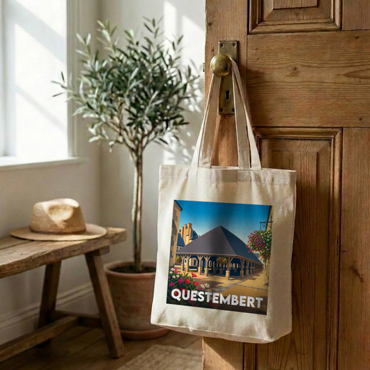 Tote bag souvenir de la ville de Questembert avec une illustration stylisée de ses halles historiques.