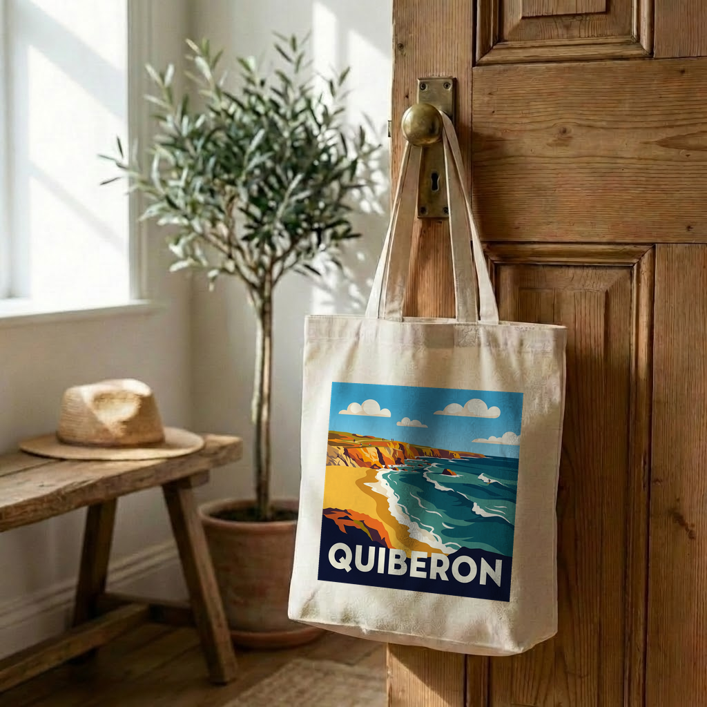 Tote bag souvenir de la ville de Quiberon avec une illustration stylisée.