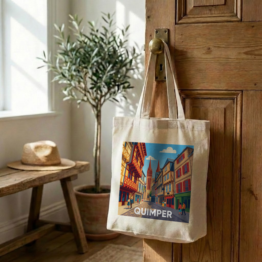 Tote bag souvenir de la ville de Quimper avec une illustration stylisée.