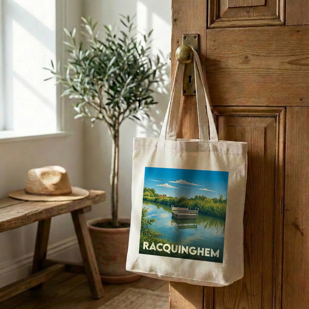 Tote bag souvenir de la ville de Racquinghem avec une illustration stylisée d'un paysage fluvial.