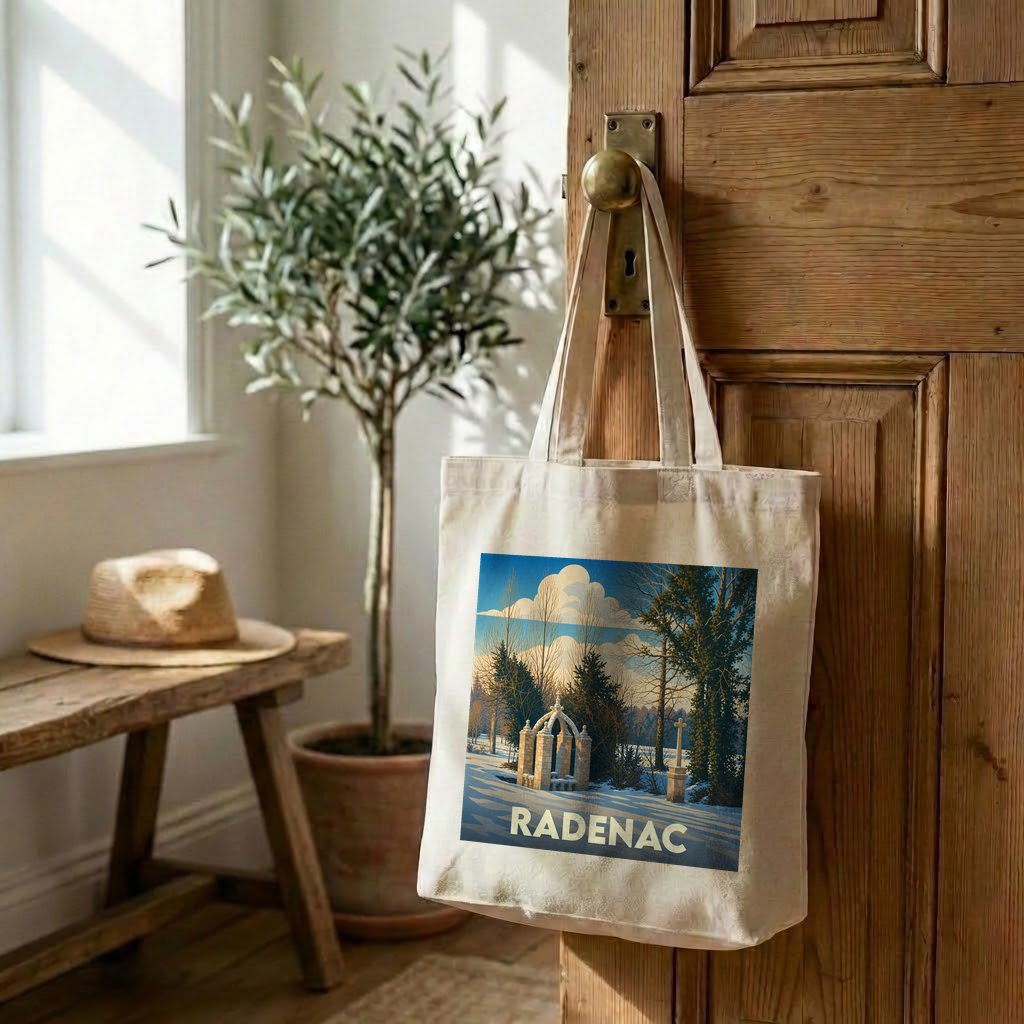 Tote bag souvenir de la ville de Radenac avec une illustration hivernale stylisée.