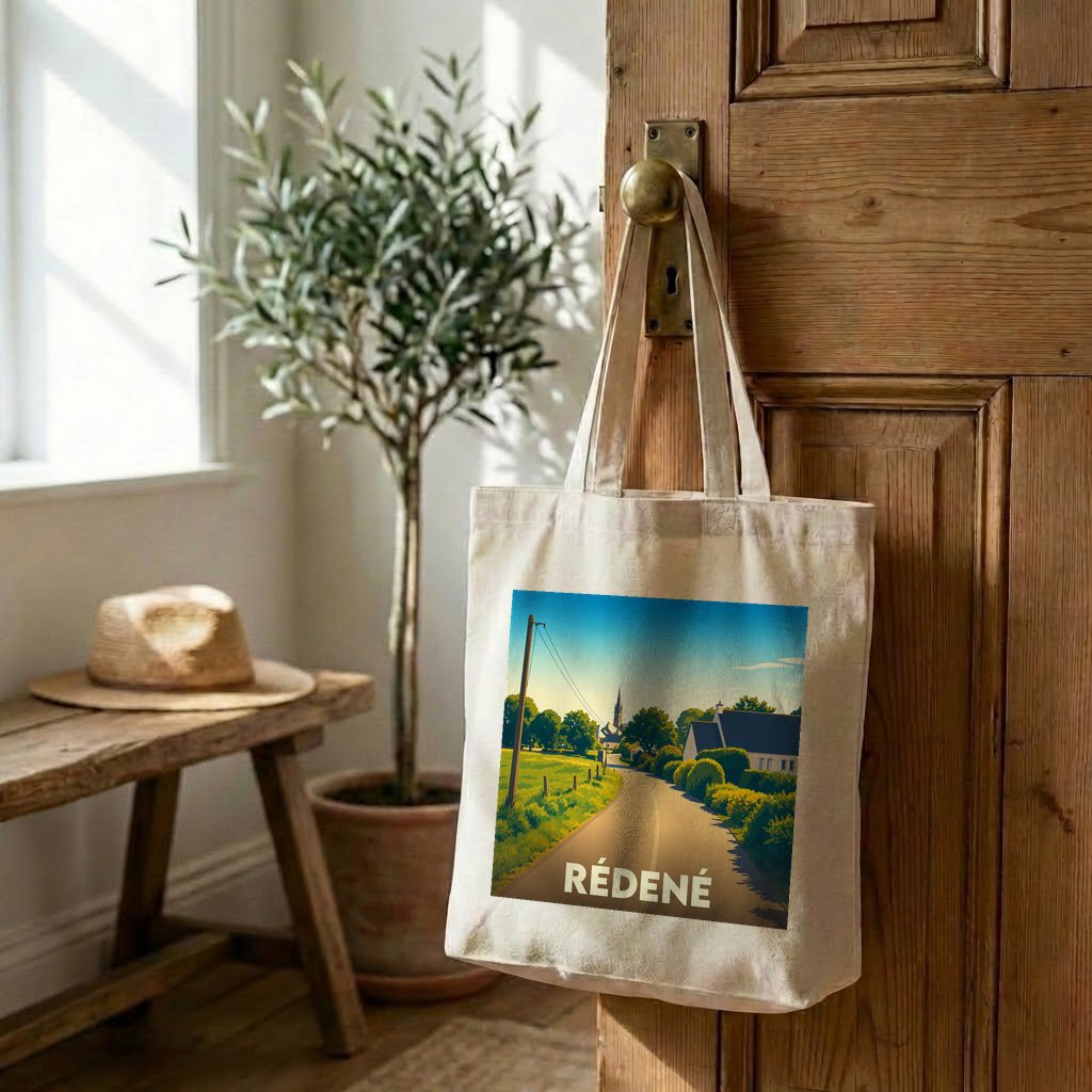 Tote bag souvenir de la ville de Rédené avec une illustration stylisée d'un paysage champêtre.
