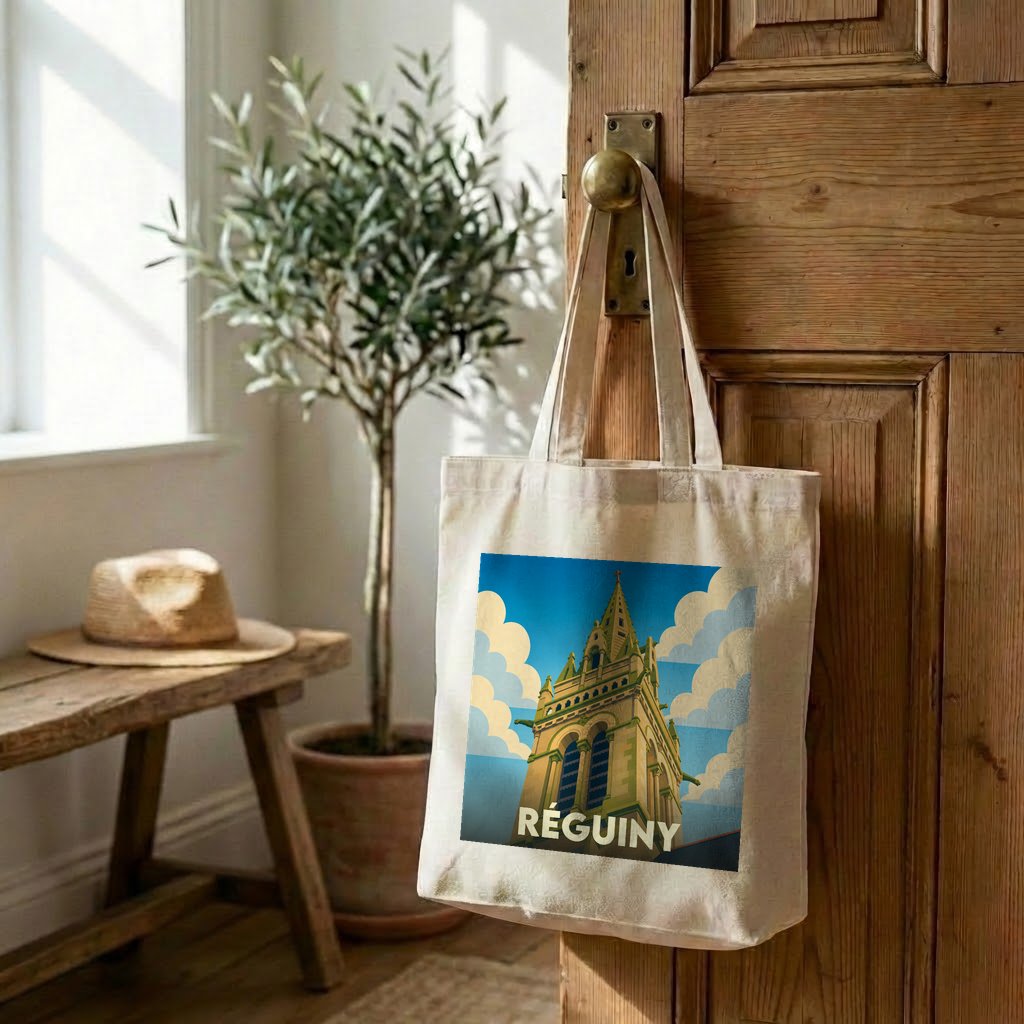 Tote bag souvenir de la ville de Réguiny avec une illustration stylisée de son église.