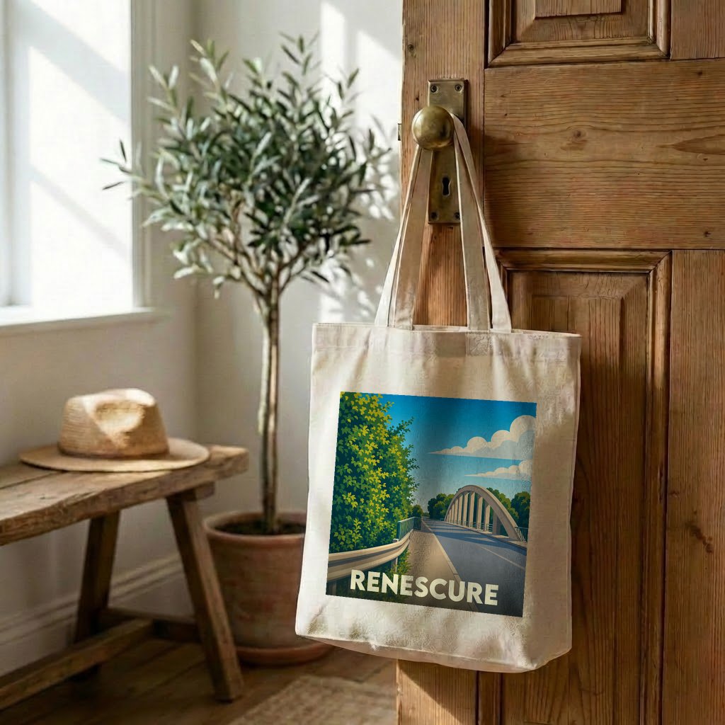 Tote bag souvenir de la ville de Renescure avec une illustration stylisée d'un pont.