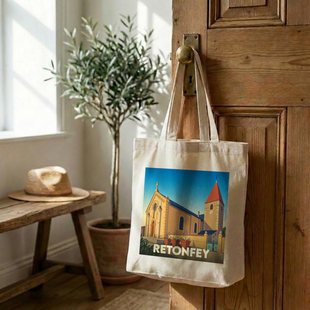 Tote bag souvenir de la ville de Retonfey avec une illustration stylisée de son église.