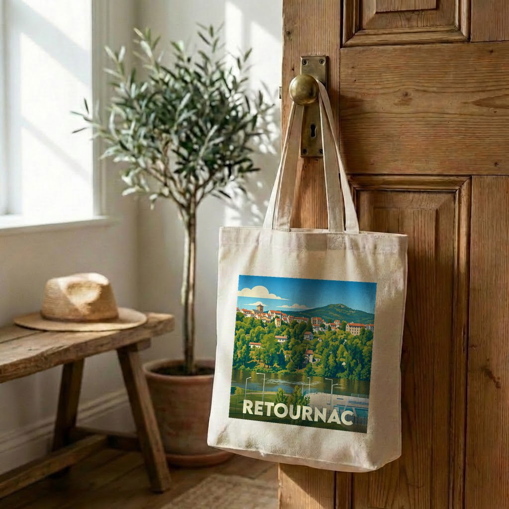 Tote bag souvenir de la ville de Retournac avec une illustration paysagère stylisée.