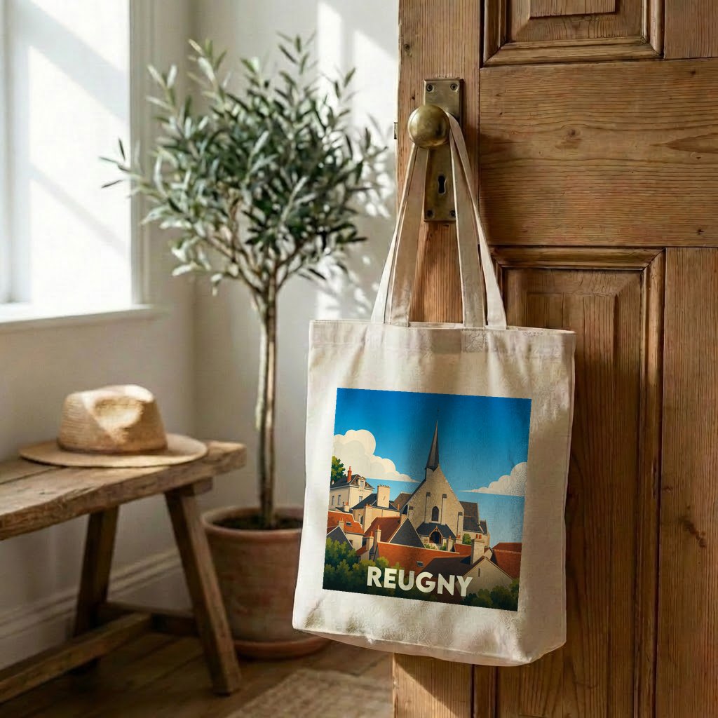 Tote bag souvenir de la ville de Reugny avec une illustration stylisée d'un paysage urbain.