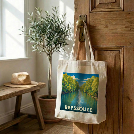 Tote bag souvenir de la ville de Reyssouze avec une illustration de rivière boisée.