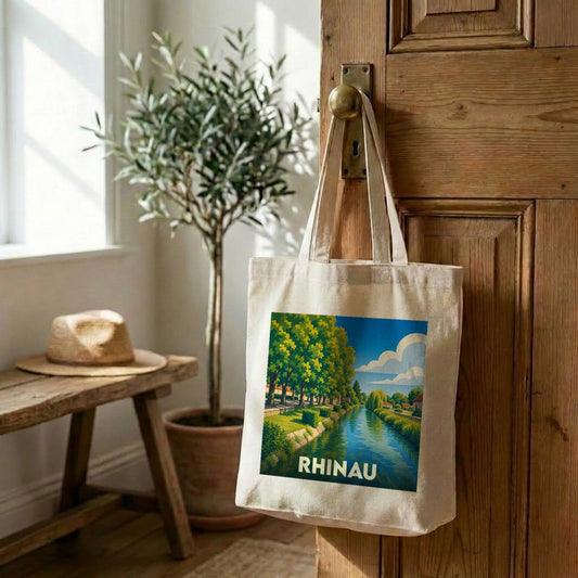 Tote bag souvenir de la ville de Rhinau avec une illustration paysagère stylisée.