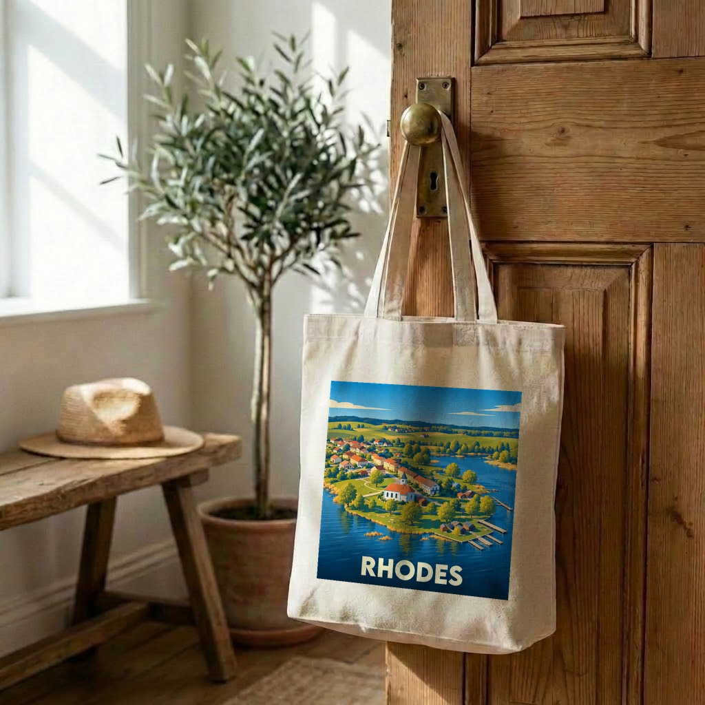 Tote bag souvenir de la ville de Rhodes avec une illustration colorée et stylisée.