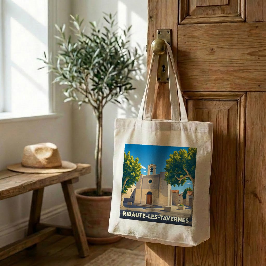 Tote bag souvenir de la ville de Ribaute-les-Tavernes avec une illustration stylisée de son église.