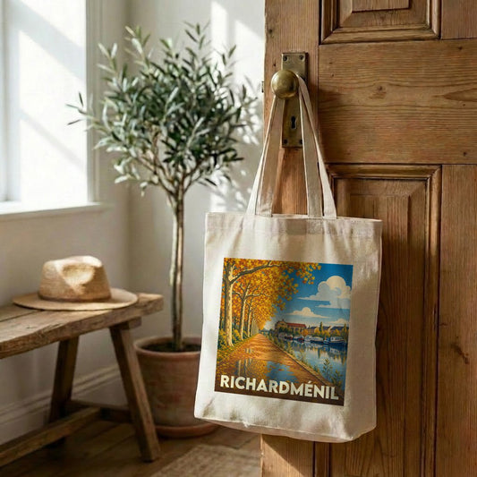 Sac cabas en toile souvenir de la ville de Richardménil avec une illustration automnale stylisée.