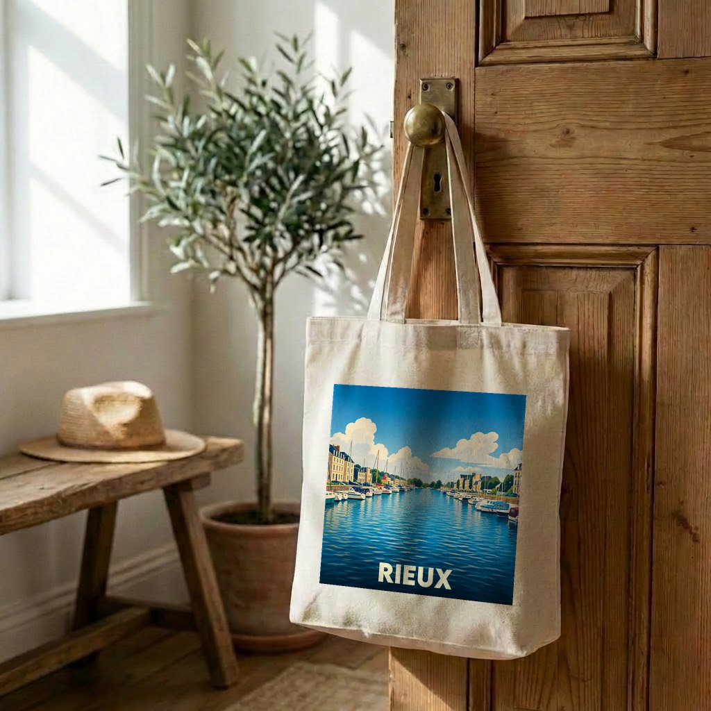 Tote bag souvenir de la ville de Rieux illustré d'une vue stylisée de son port fluvial.