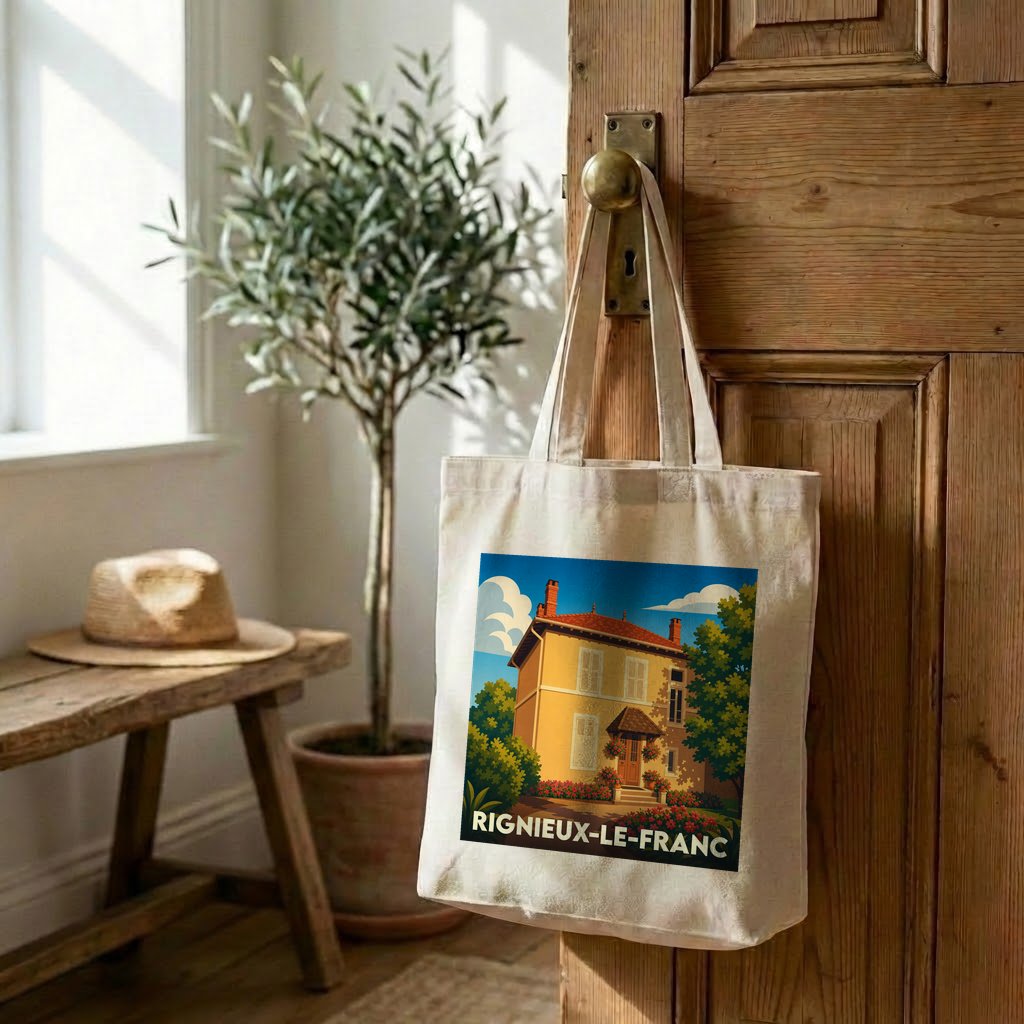 Tote bag souvenir de la ville de Rignieux-le-Franc avec une illustration stylisée d'une maison ensoleillée.