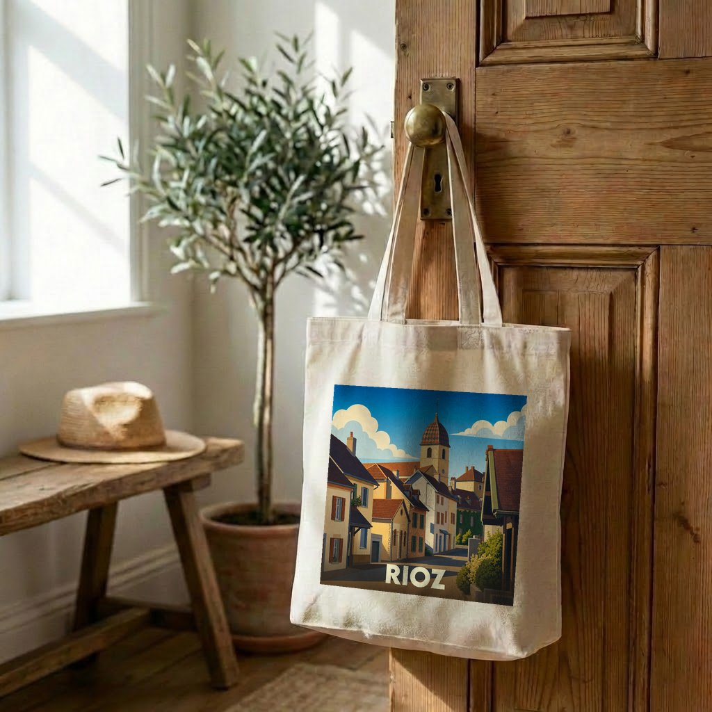 Tote bag souvenir de la ville de Rioz avec une illustration stylisée.