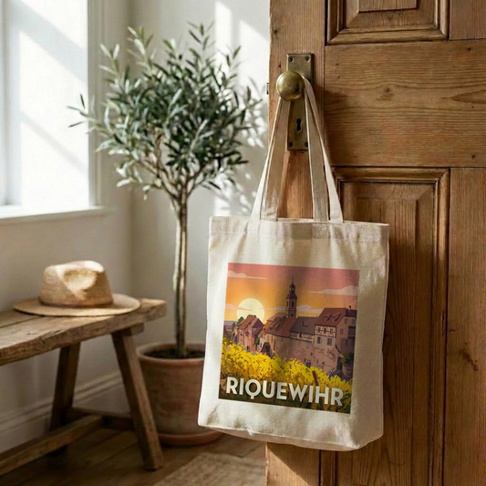 Tote bag souvenir de la ville de Riquewihr avec une illustration stylisée.