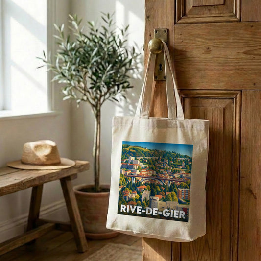Tote bag souvenir de la ville de Rive-de-Gier avec une illustration panoramique stylisée.
