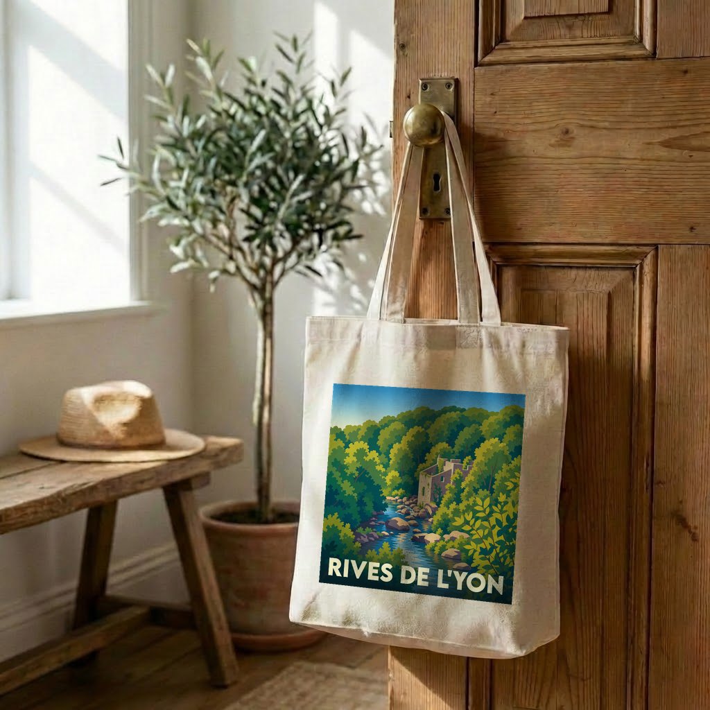 Tote bag souvenir de la ville de Rives de l'Yon avec une illustration stylisée d'un paysage verdoyant.